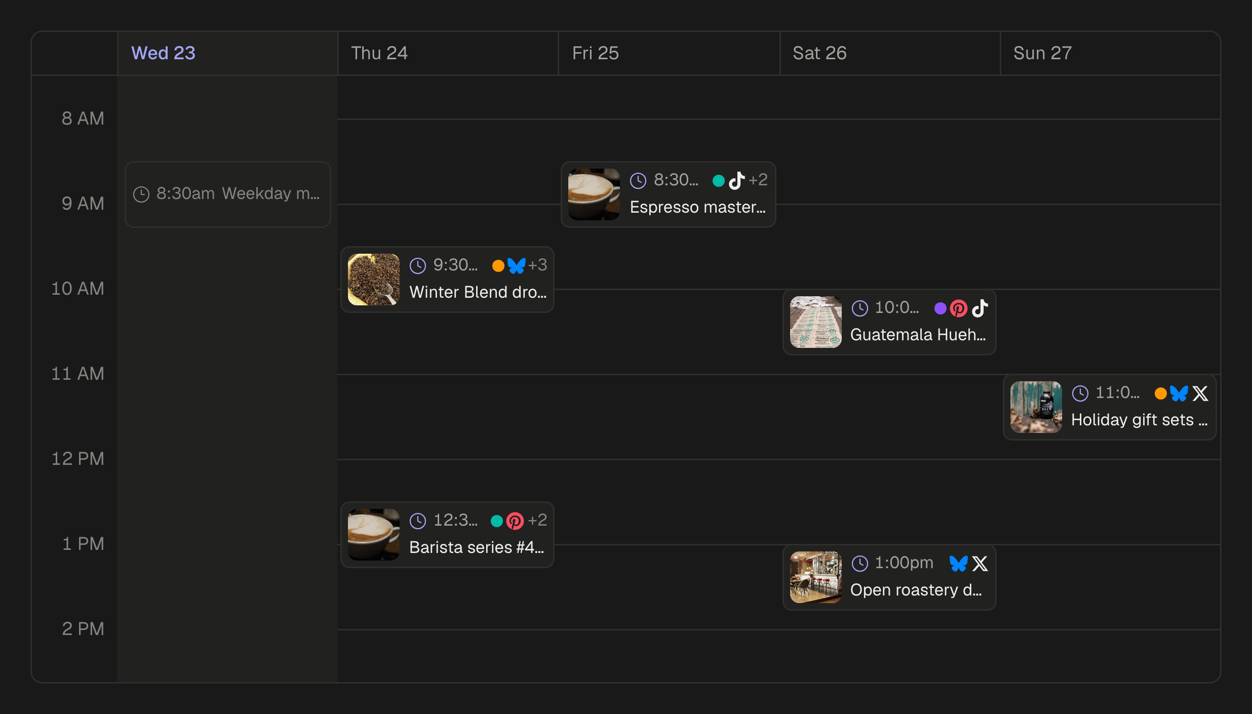 Two weeks of the month calendar, each scheduled post shown on its day with its time and the networks it goes to.