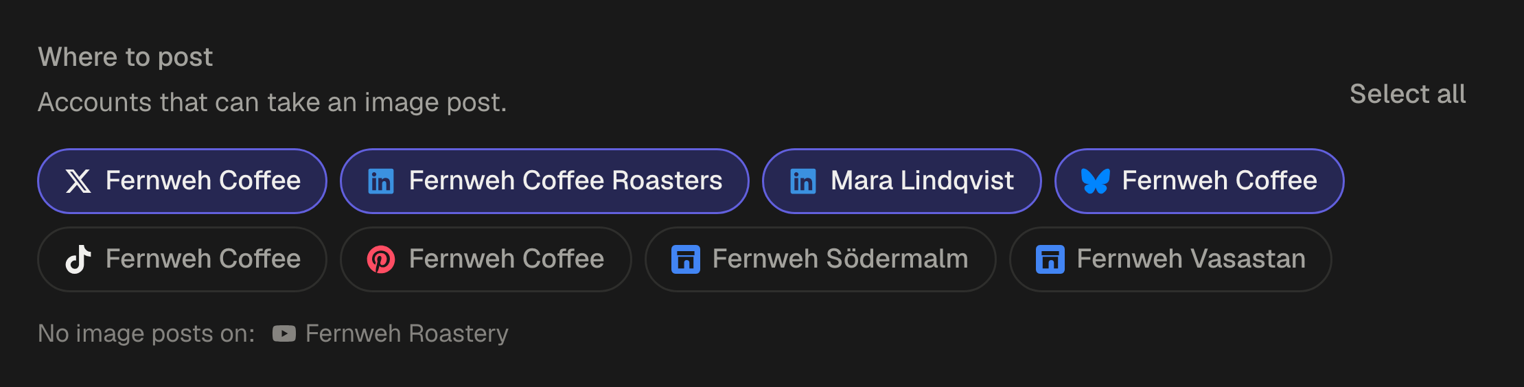The composer's account picker: eight connected accounts, four of them chosen, and a note that an image post cannot go to the YouTube account.