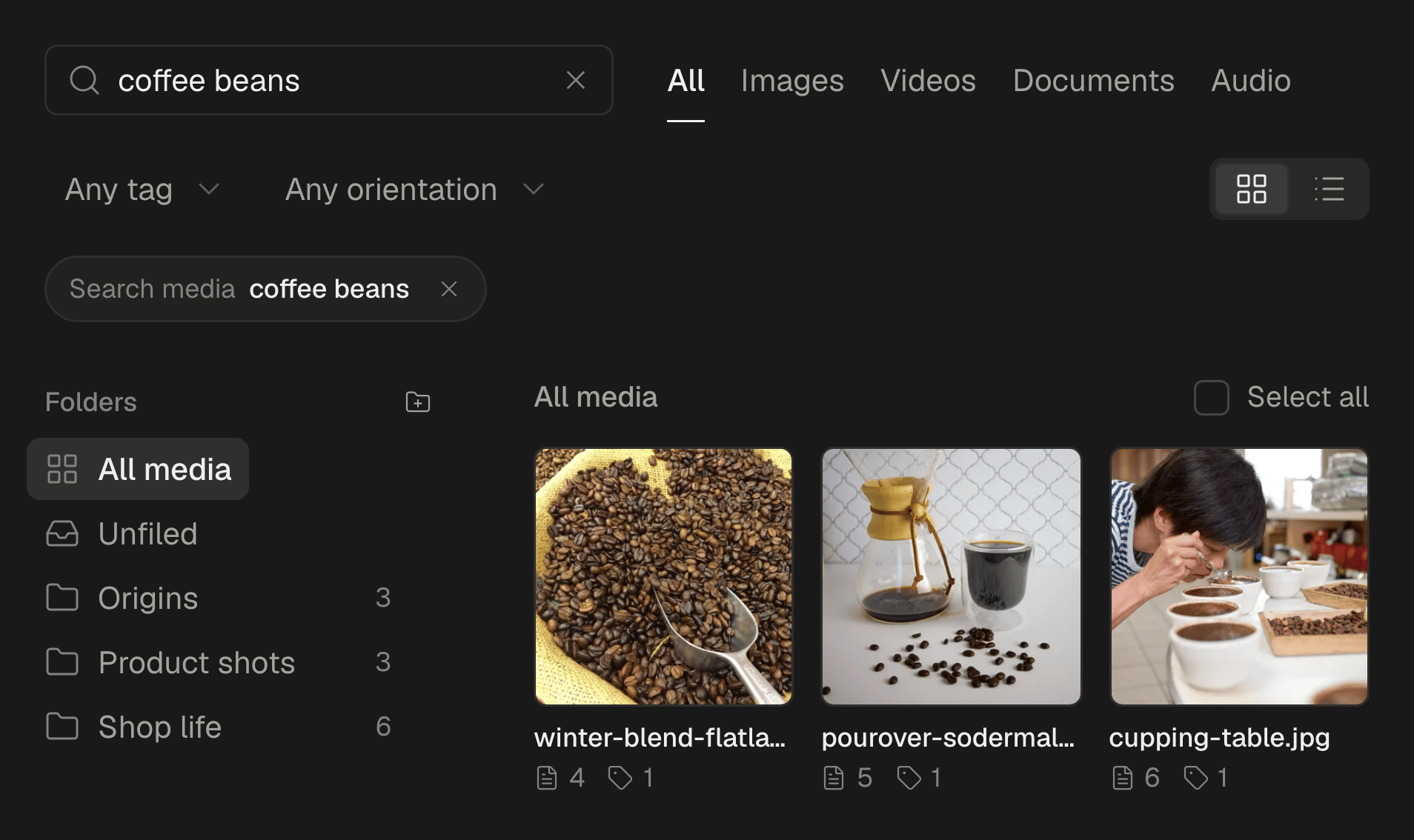 The media library searched with a short description in plain words, showing the photos that match it.