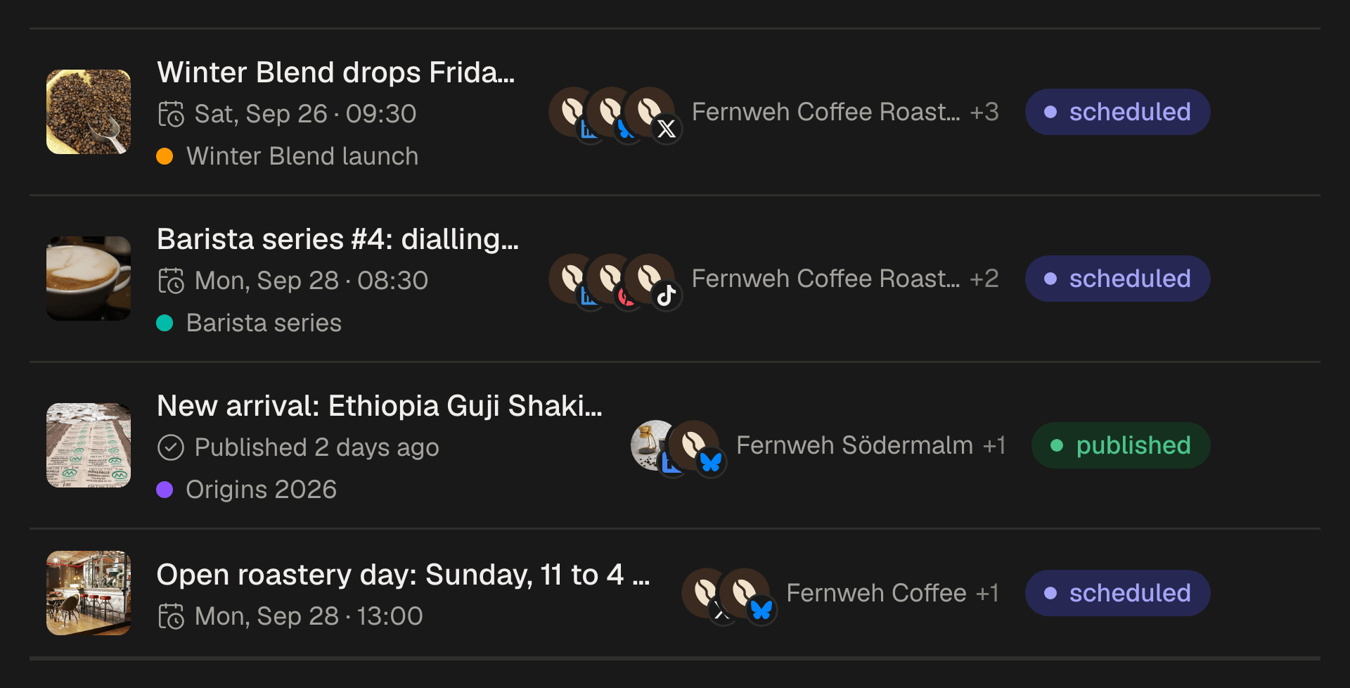 Five scheduled posts in a list, each with its date, its campaign, the accounts it goes to and its status.