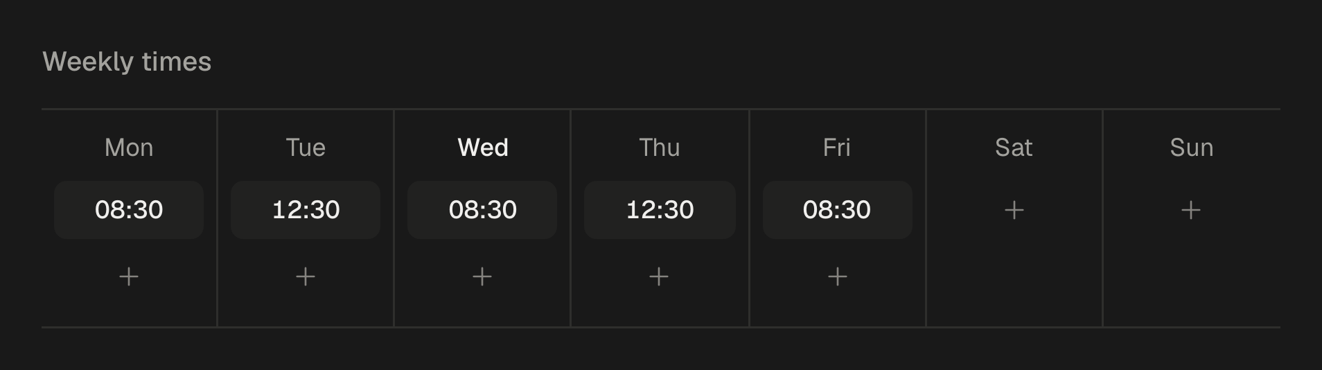A queue called Weekday mornings: five weekly slots from Monday to Friday, each showing how many of the next posts it holds.