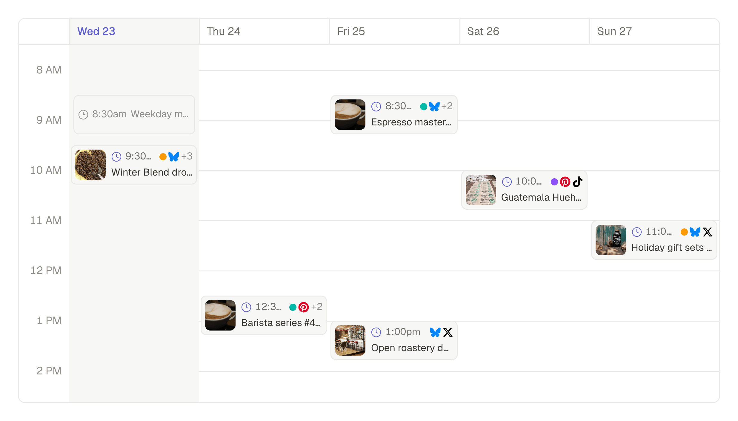 Two weeks of the month calendar, each scheduled post shown on its day with its time and the networks it goes to.