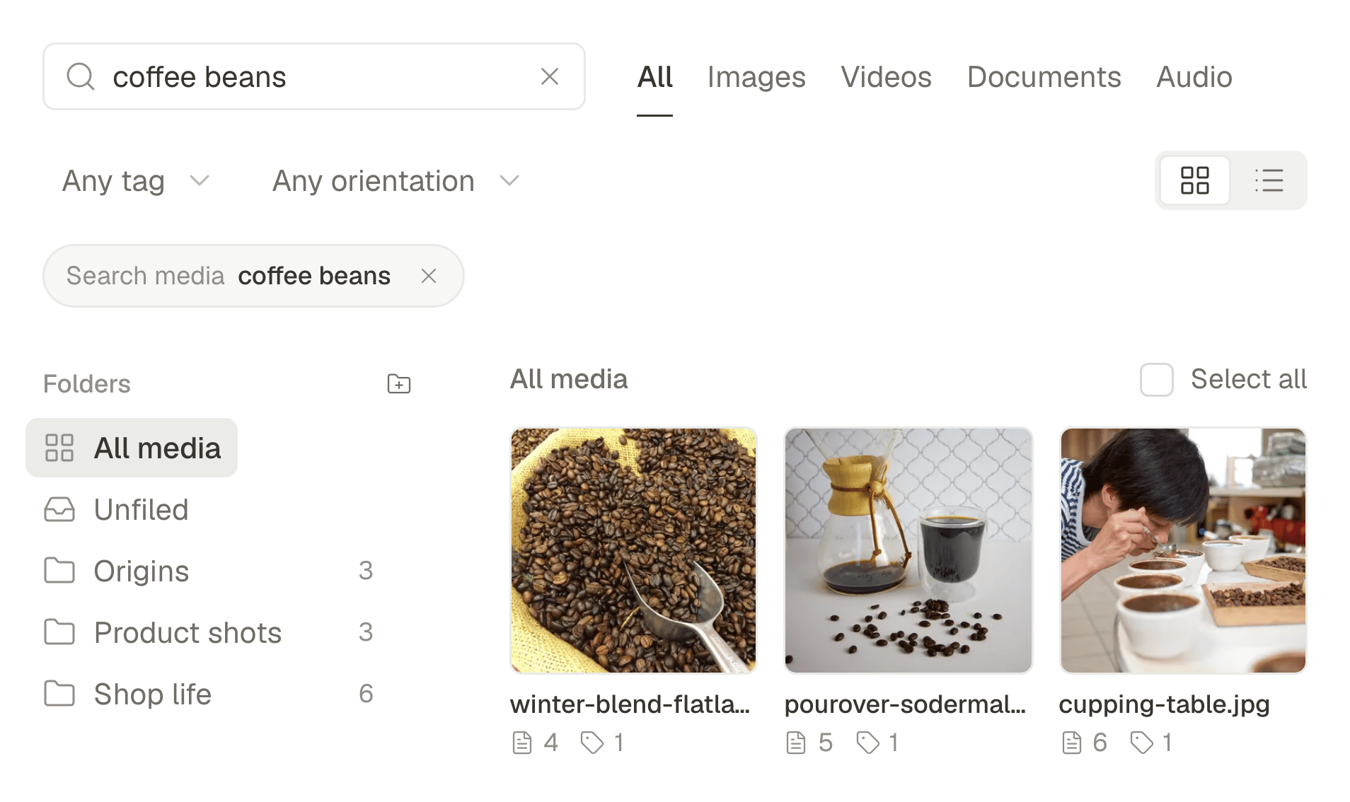 The media library searched with a short description in plain words, showing the photos that match it.