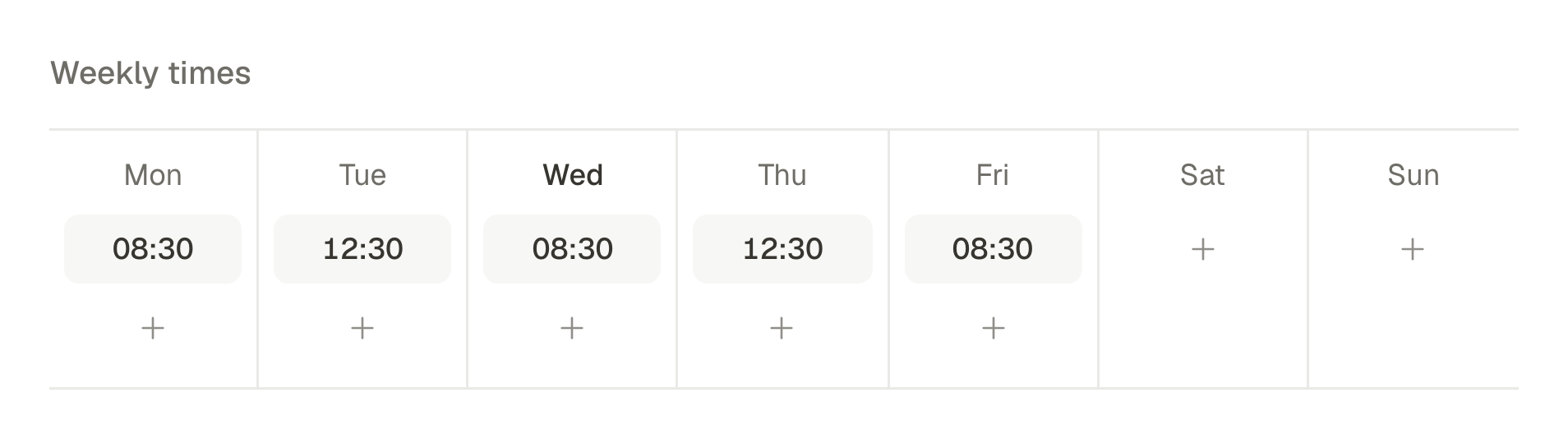 A queue called Weekday mornings: five weekly slots from Monday to Friday, each showing how many of the next posts it holds.