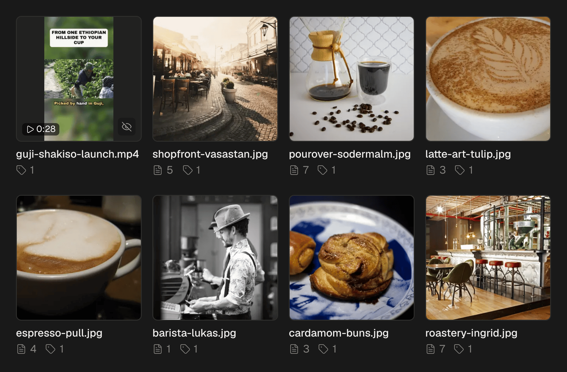The SPREVA media library: a video and seven photos of a coffee shop, each with its file name.