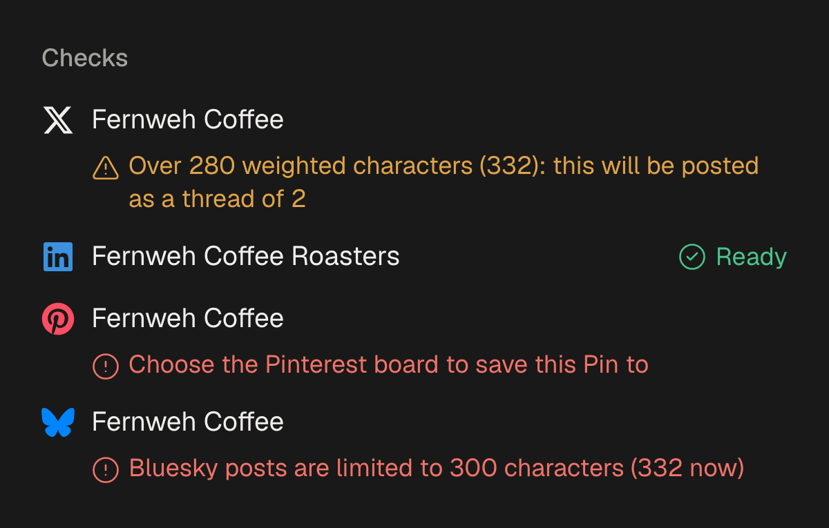 As verificações do editor para uma publicação: o X vai enviá-la como um thread de duas partes, o LinkedIn está pronto, falta escolher uma pasta no Pinterest e o texto passa do limite de 300 caracteres do Bluesky.