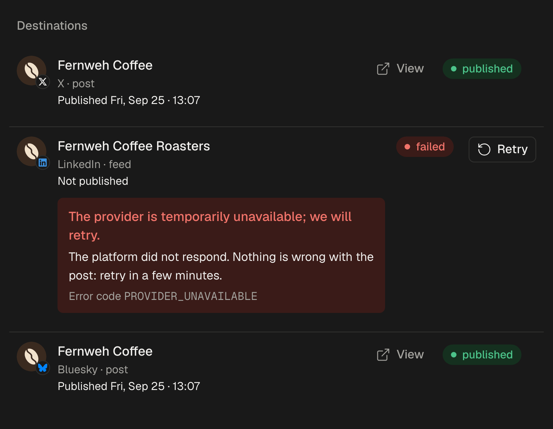 A post's destinations in SPREVA: published on X and Bluesky, failed on LinkedIn, with a Retry button.