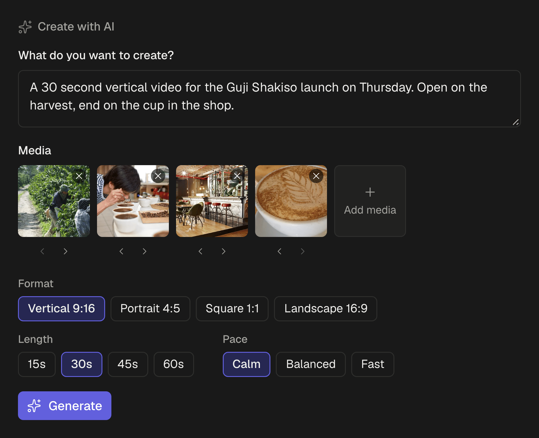 The Create with AI form filled in: a short brief, the photos chosen for it, and the format, length and pace.