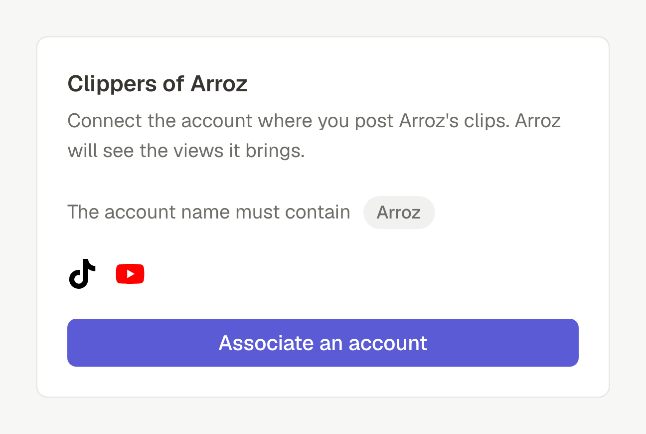 A streamer's clippers link: Clippers of Arroz, the account name must contain Arroz, TikTok and YouTube accepted, and an Associate an account button.