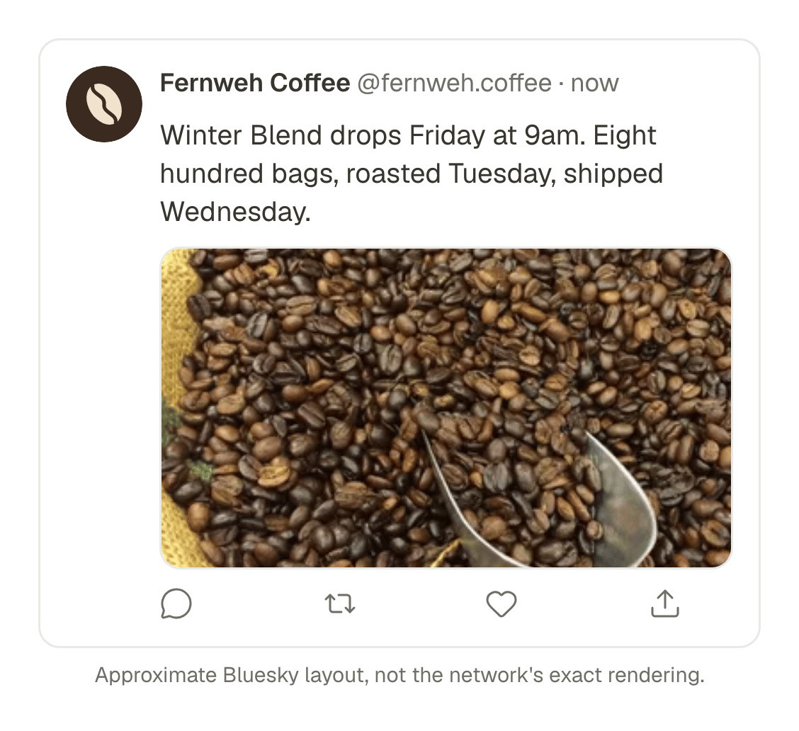 One post as it will look on X, LinkedIn and Bluesky, with a photo of coffee beans and the text of a product launch.