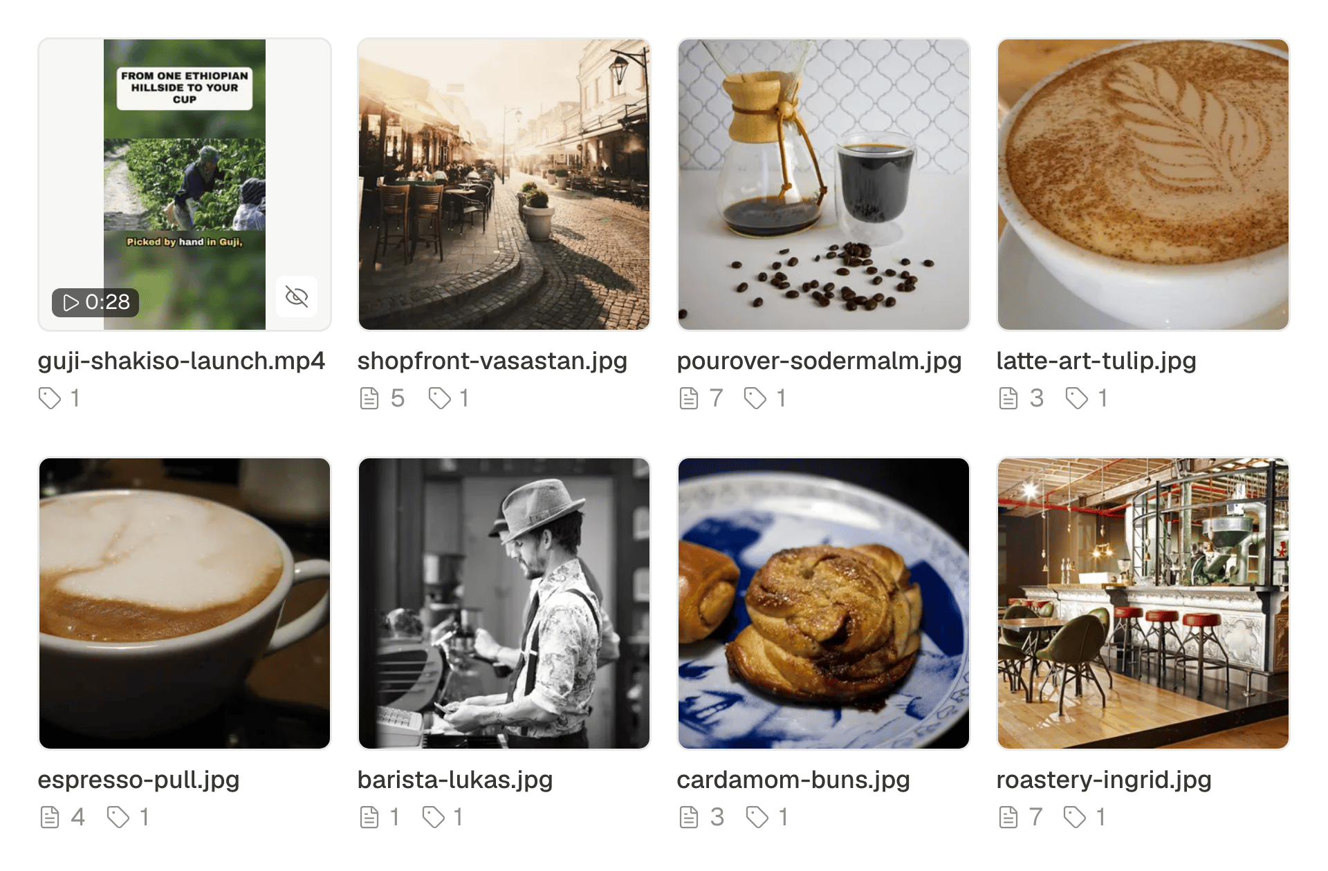 The SPREVA media library: a video and seven photos of a coffee shop, each with its file name.