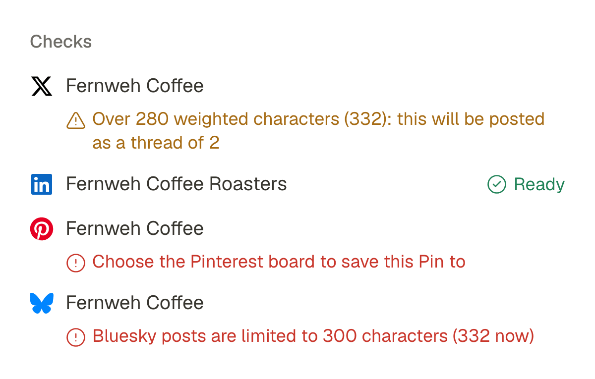 As verificações do editor para uma publicação: o X vai enviá-la como um thread de duas partes, o LinkedIn está pronto, falta escolher uma pasta no Pinterest e o texto passa do limite de 300 caracteres do Bluesky.
