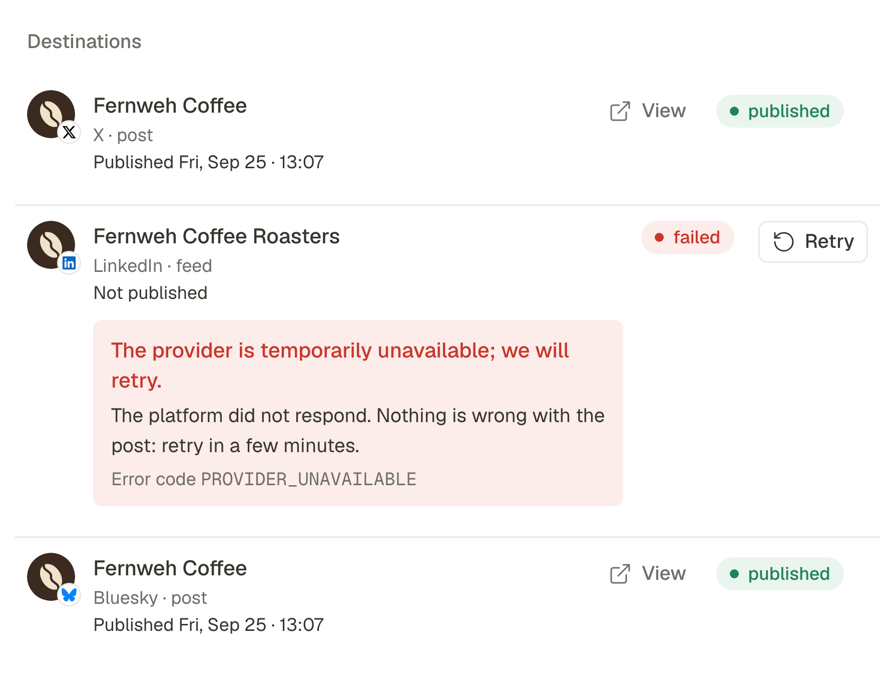 A post's destinations in SPREVA: published on X and Bluesky, failed on LinkedIn, with a Retry button.