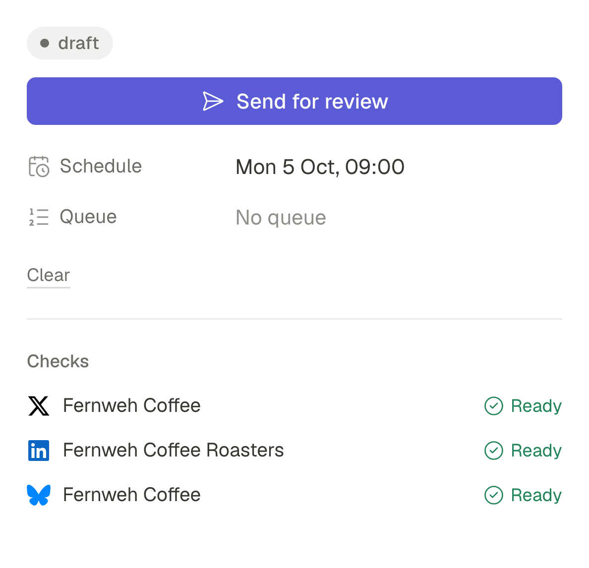 The side panel of the composer for an Editor: a Send for review button, Monday at 09:00 chosen as the time it goes out, and each of its three accounts marked Ready.