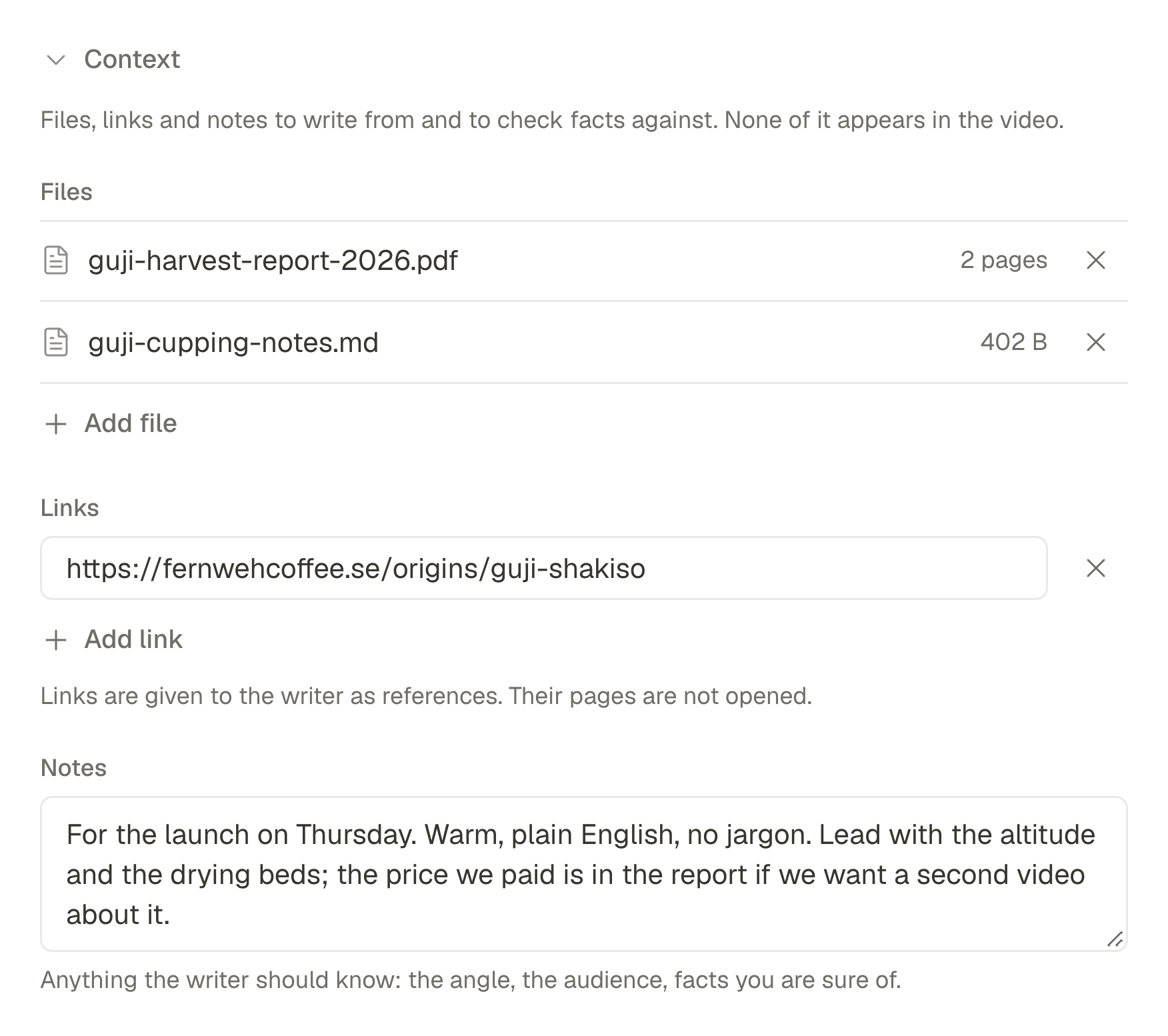 A script's context: two documents from the library, a link and a few lines of notes.