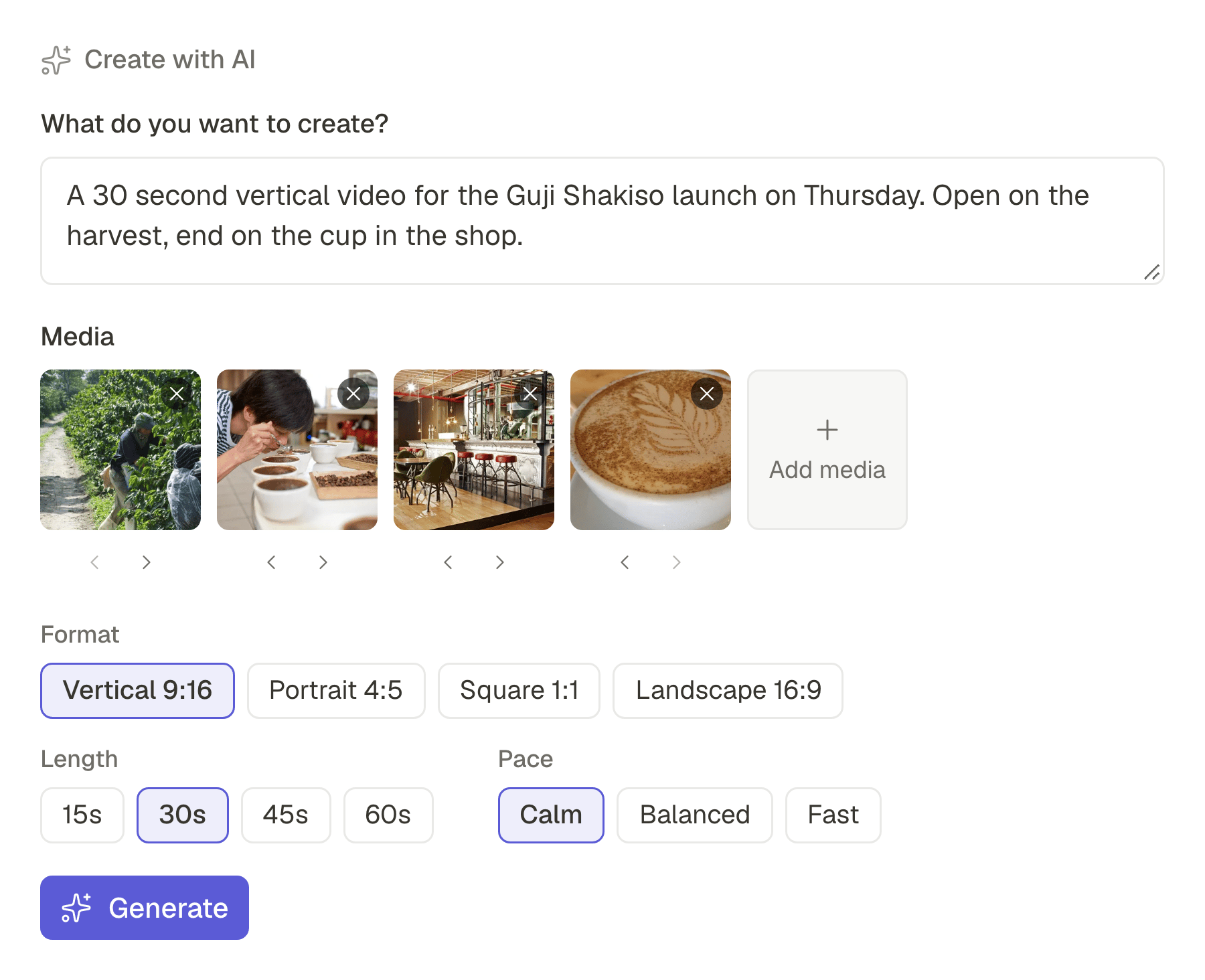 The Create with AI form filled in: a short brief, the photos chosen for it, and the format, length and pace.